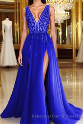 Long Tulle V-neck Semi Formal Prom Dresses Sequin Beaded Evening Gowns
